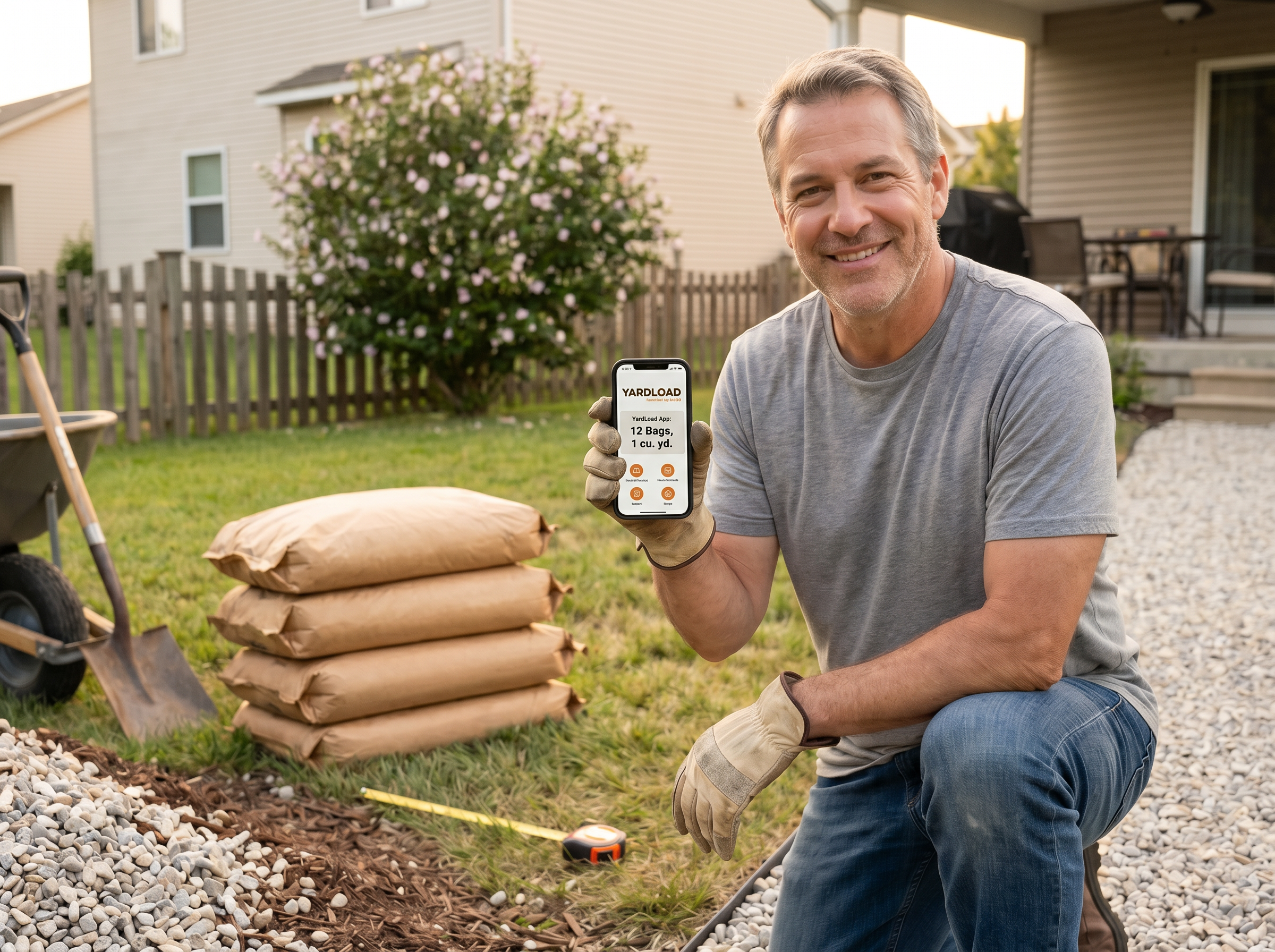 Happy homeowner beside a finished gravel path after using YardLoad to plan the material amount